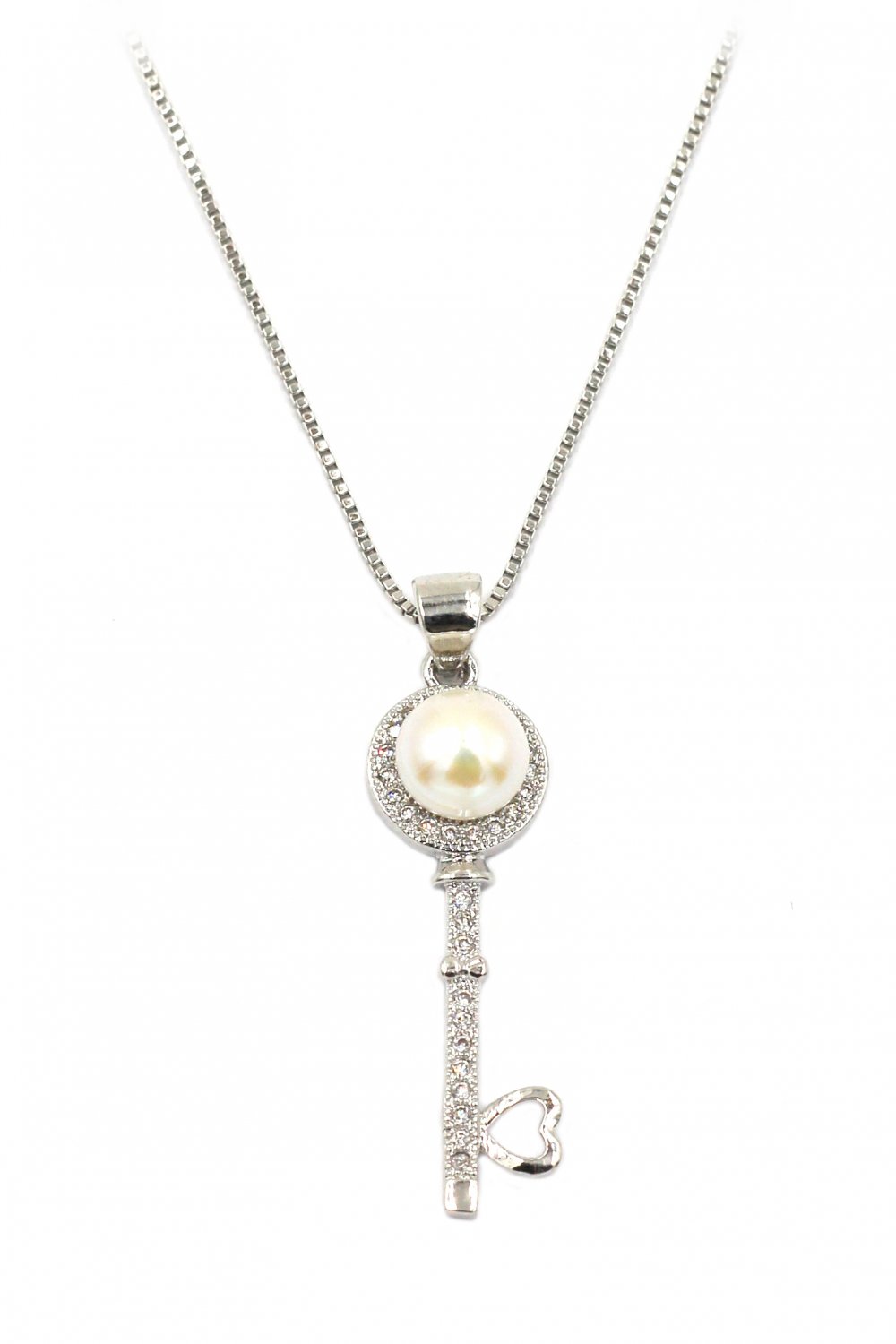 Fashion pearl and crystal key silver necklace