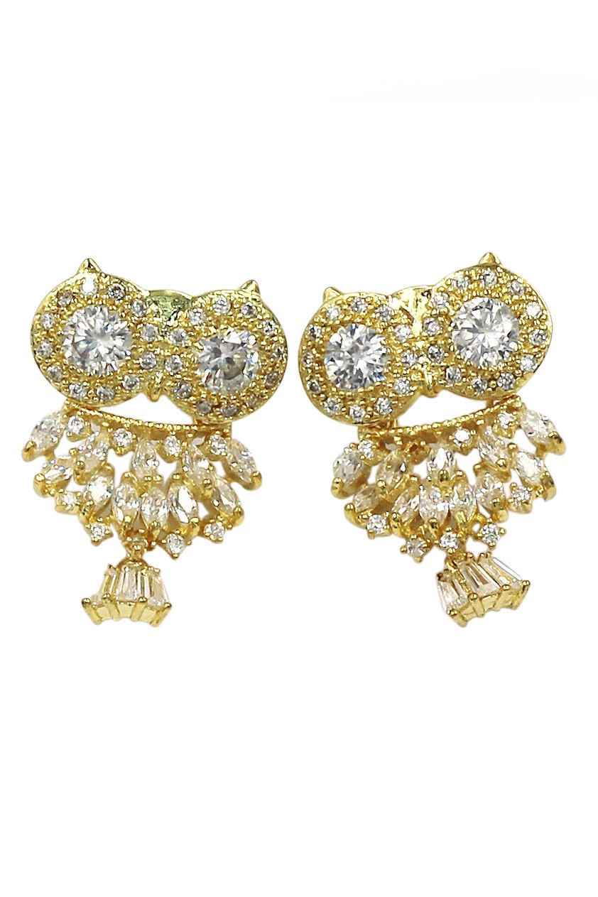 Lovely crystal pendant owl gold earrings