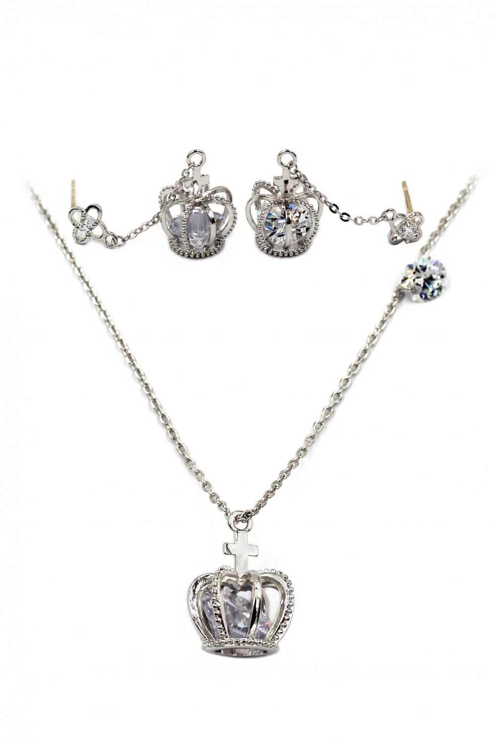 Mini crown and pendant crystal necklace earrings silver set