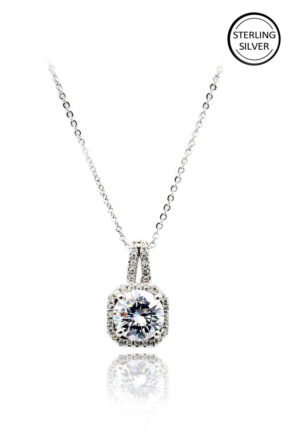 Delicate crystal square frame sterling silver necklace