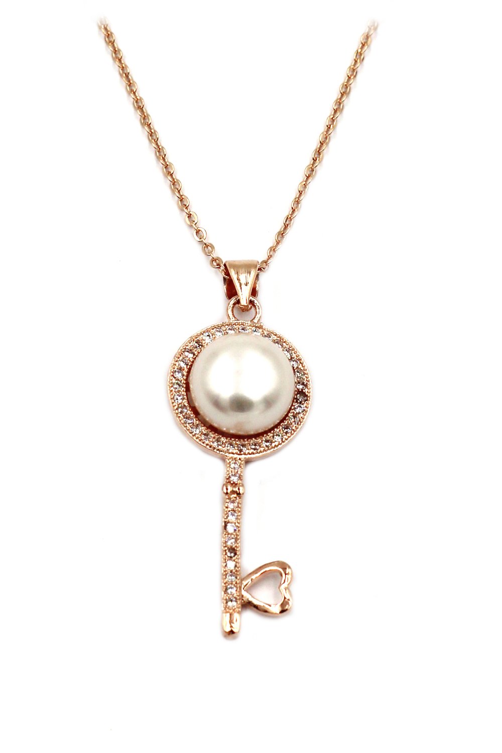 Fashion pearl and crystal key rose gold necklace
