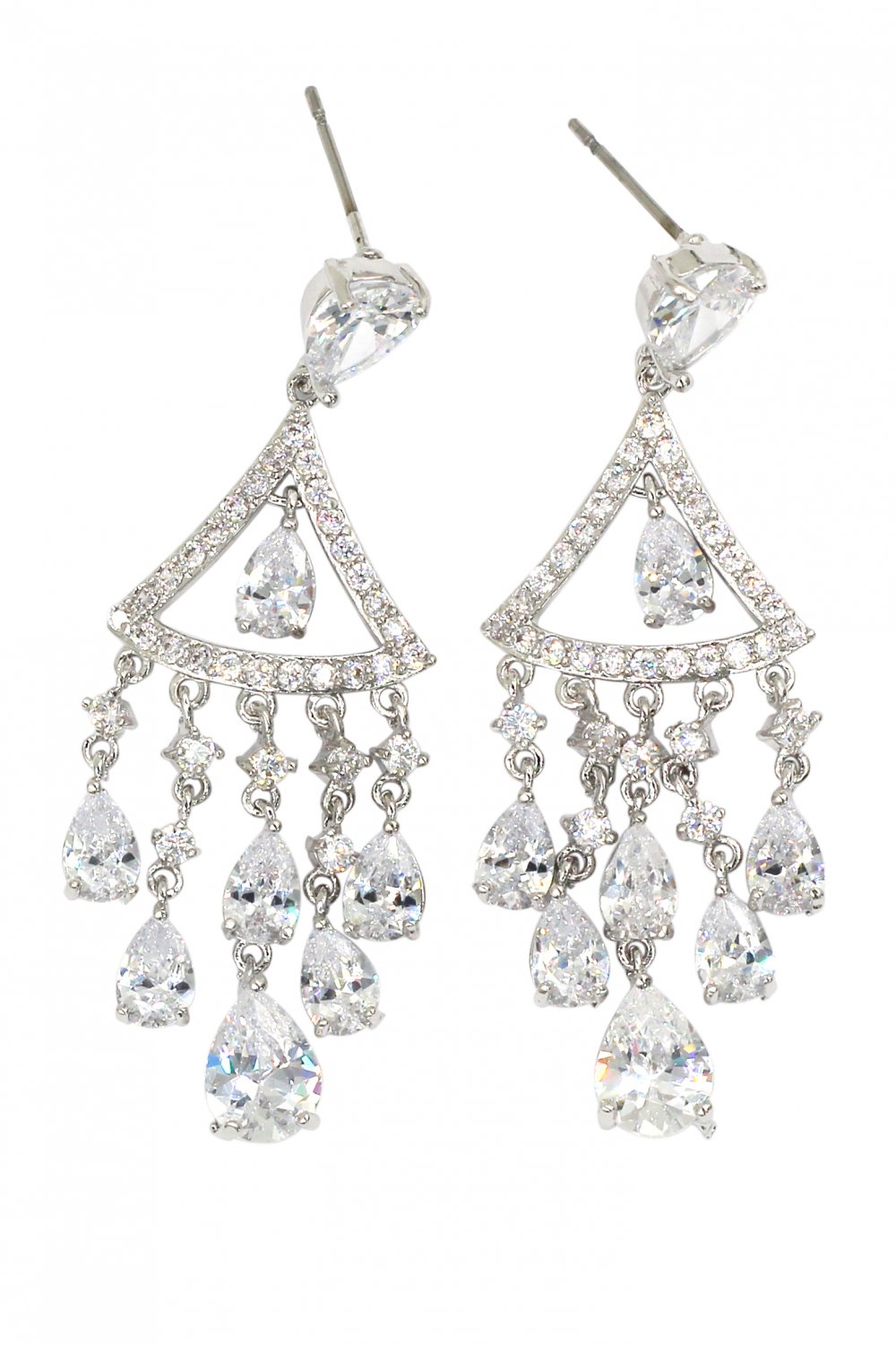 Shining triangle crystal pendant silver earrings