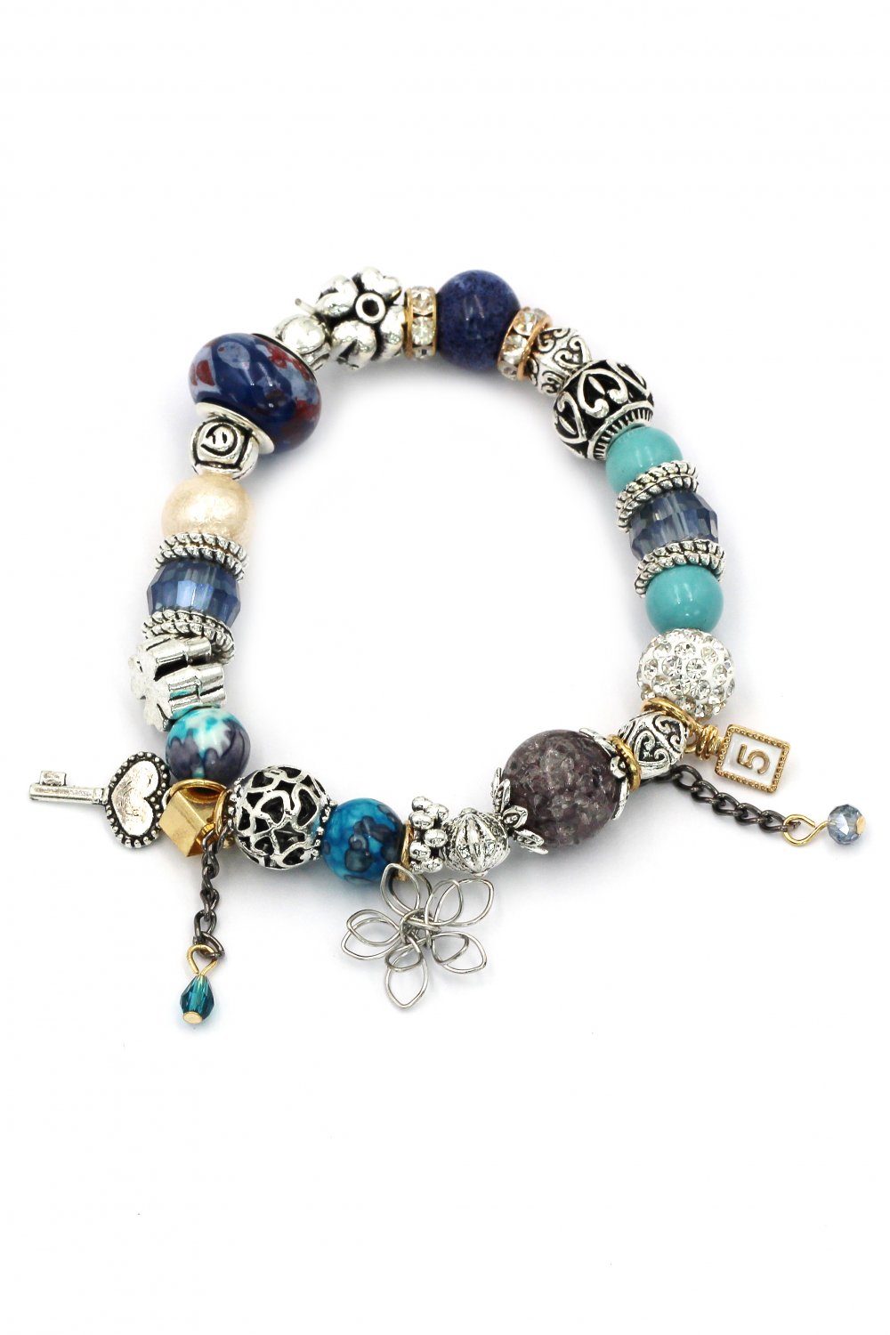 Colorful bead flower blue bracelet