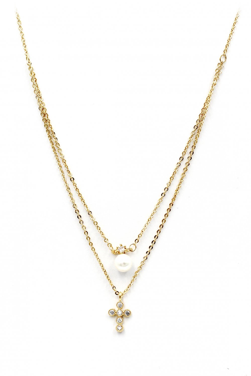 Duplexes mini crystal cross pearl gold necklace