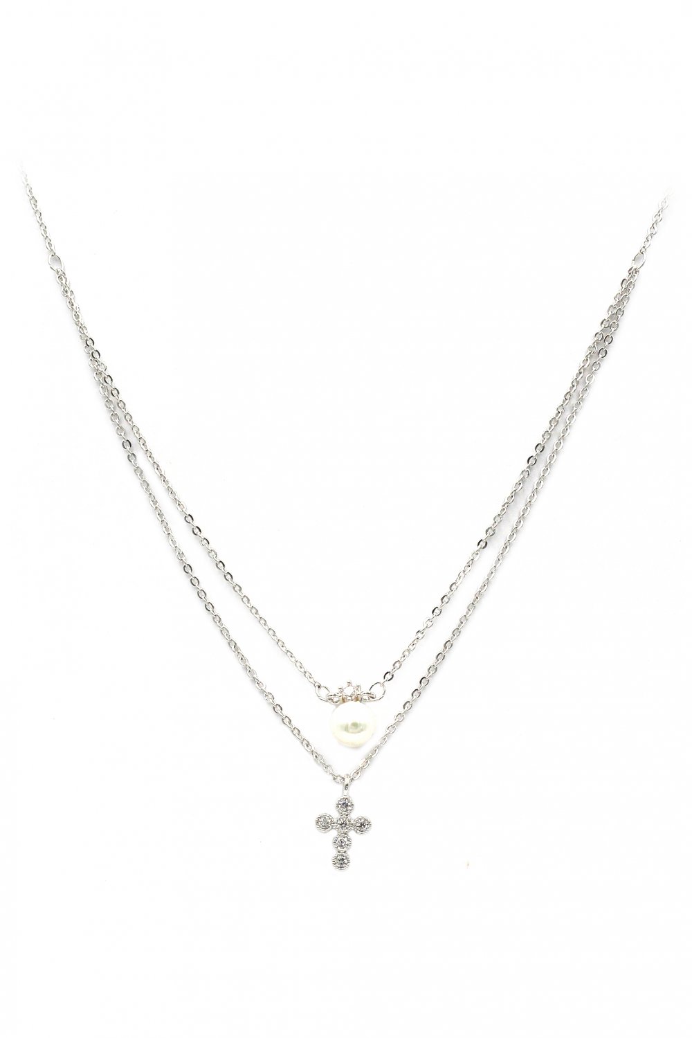 Duplexes mini crystal cross pearl silver necklace