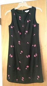 ANNIE ALEXANDER WOMENS BLACK LINEN BLEND SHEATH DRESS PINK PALM TREE SIZE 6
