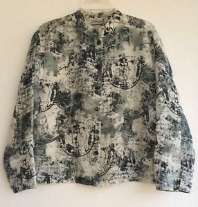 Chico's Womens Sheer Linen Blend Top Black & White Print Size 2 (Misses size 12)
