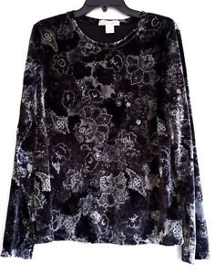 Womens Black Velour Top Size XL Stretch Floral Print Metallic Silver Long Sleeve