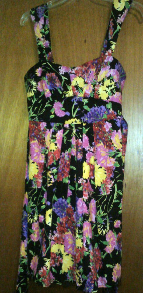 Juniors Sequin Hearts Cotton Blend Floral Lined Black/Pink/Green Sundress size 9