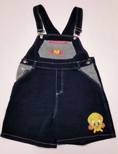 Womens Tweety Bird Looney Tunes Denim & Striped Overall Shorts Shortalls Size S