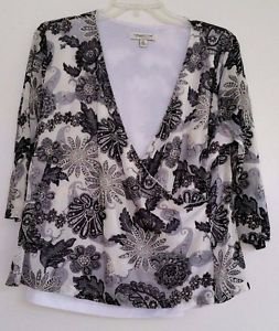 Coldwater Creek Womens Black White Gray Print Blouse Top Size XL Made in USA