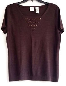 Womens Silk Blend Knit Sweater Top Metallic Bronze Beads size L Short Sleeve