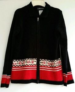 Sag Harbor Womens Black Red Christmas Holiday Zip Front Cardigan Sweater Size M