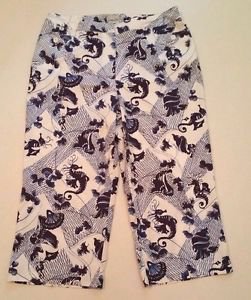 Chico's Womens Blue & White Sea Horse Print Capri Cropped Pants sz 1.5, sz 10