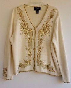 Holiday Womens Ivory Metallic Gold Beaded Sweater Size XL Studio Joy Cardigan