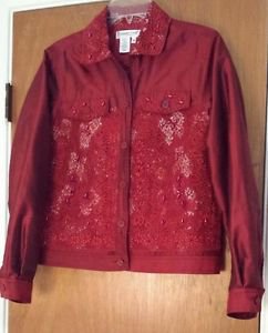 Coldwater Creek Womens Red Silk Blend Sequin Beaded Lace Jacket Top Size XS