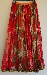 Baba Los Angeles Womens Hippie Max Long Skirt Gold Trim One Size Red Orange Prin
