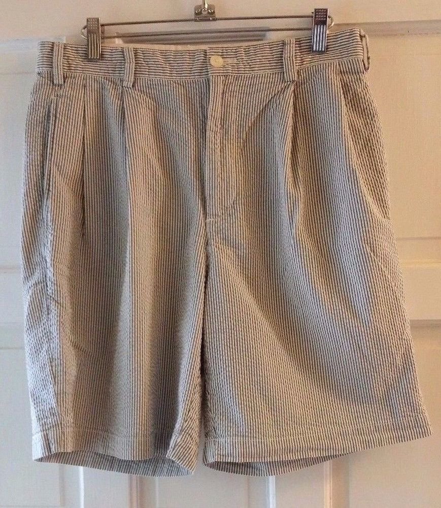 Brooks Brothers Mens Blue & White Seer Sucker Shorts Size 32 Pleated Cotton