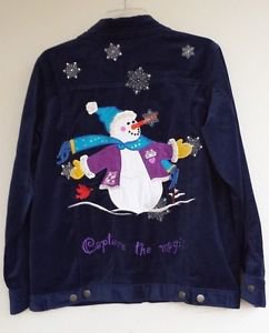 Quacker Factory Womens Blue Velveteen Snowman Christmas Jacket Coat Size Small