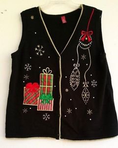 UGLY Christmas Sweater Womens Vest Black Gold Trim Gifts Ornaments Size XL 16/18