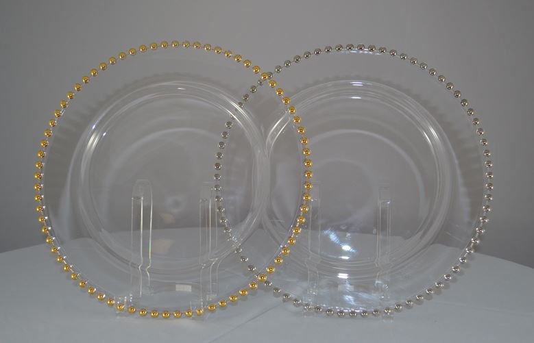 Gold/Silver Beaded Edge Clear Glass Chargers Plate 13"