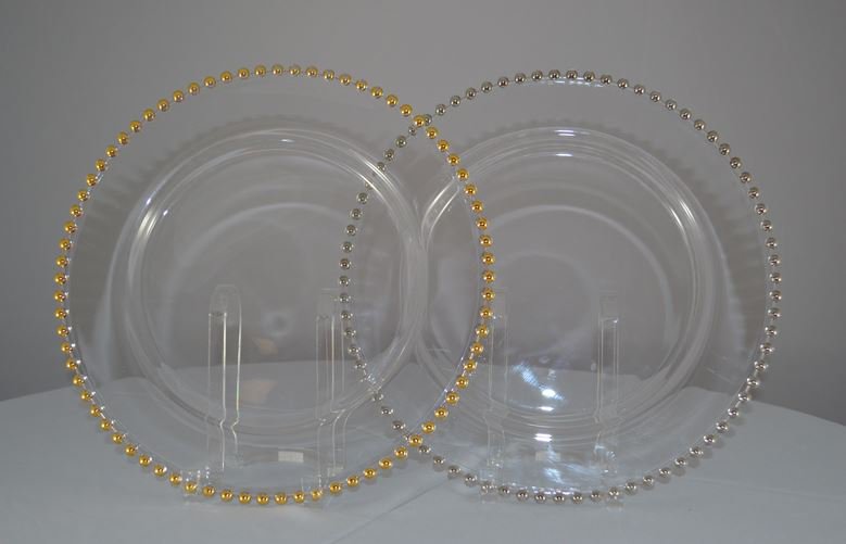 Gold/Silver Beaded Edge Clear Glass Chargers Plate 13"
