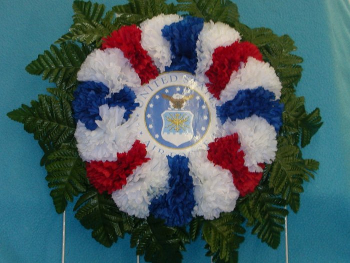 AirForce Cemetery Wreath, Grave Flowers w/Red White & Blue Carnations