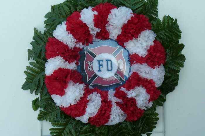 Red & White Silk Cemetery Flowers/Grave Wreath for a Fireman
