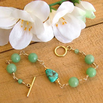 Gold Bracelet with Turquoise and Green - B223