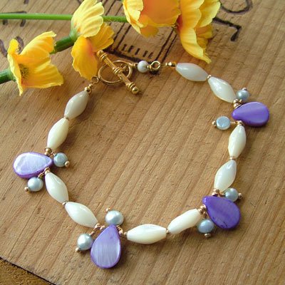 Gold Necklace with Purple Mother of Pearl and Blue Pearls - N243