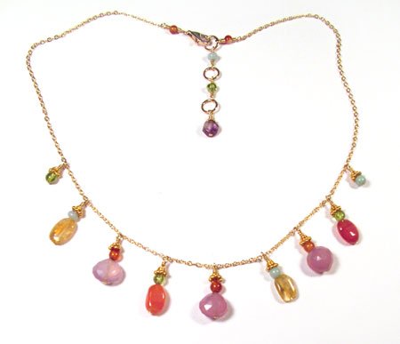 Gold Chain Necklace with Lilac Chalcedony, Peridot, Citrine and Carnelian - N181
