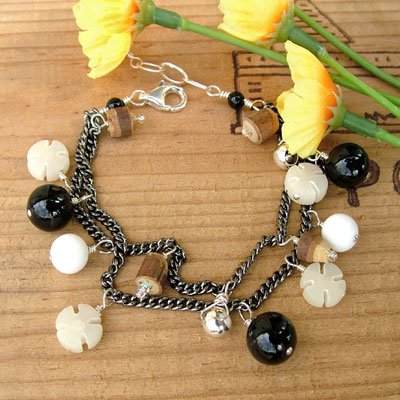 Black Bracelet with Charms and Silver - B222