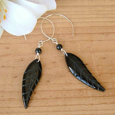 Silver and Black Agate Feather Earrings - E286