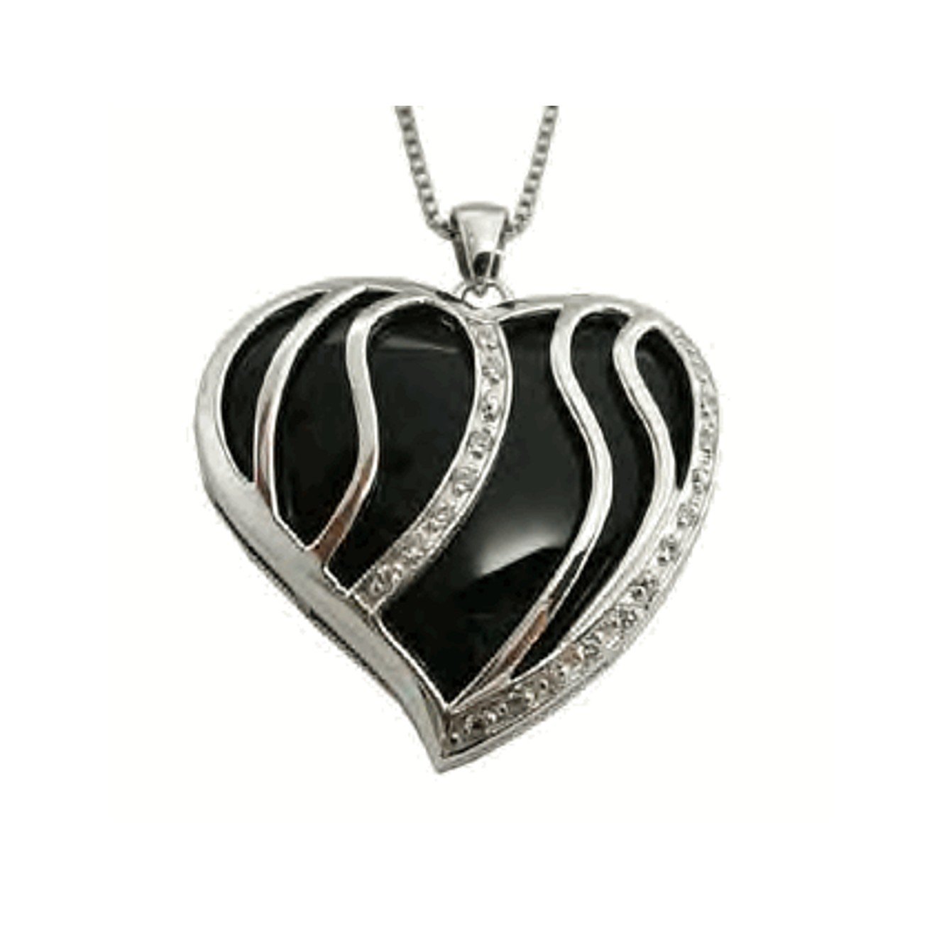 Large Sterling Silver Black Onyx And Cubic Zirconia Heart Pendant