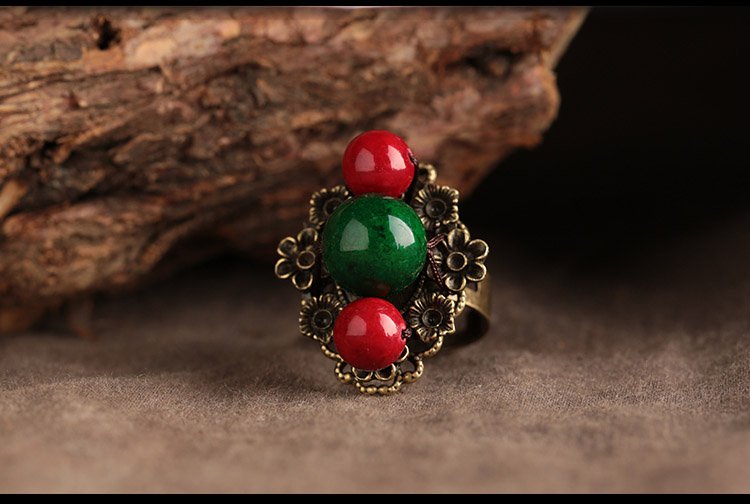 Chinese style vintage red green stone rings,adjustable size floral jewelry rings