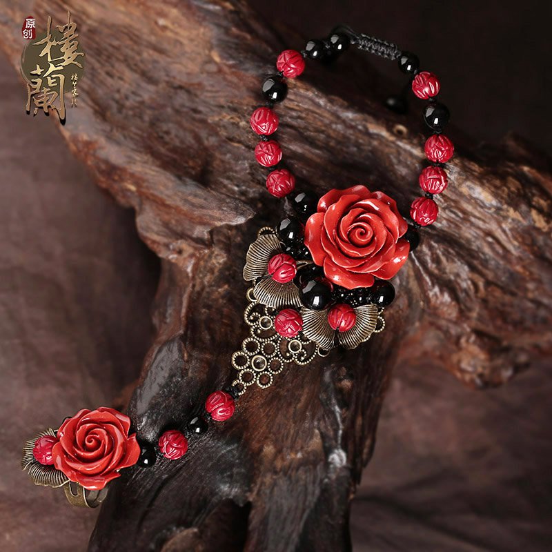 Chinese style red coral floral carving bracelet &rings traditional design bracelet rings set