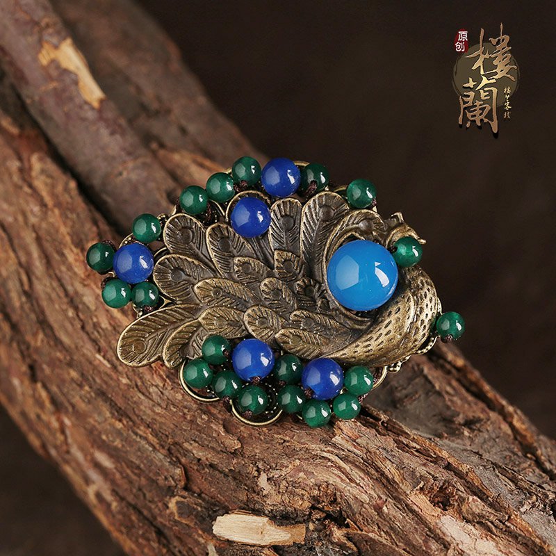 Chinese style gold phoenix rings, blue agate jewelry rings, traditional design rings for women