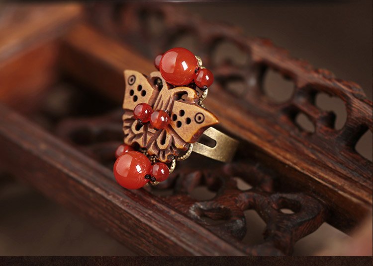 Chinese style wood butterfly rings,red agate rings,traditional jewelry rings for women