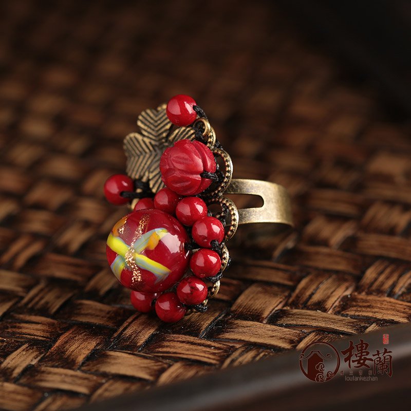 Chinese style red coral rings women agate jewelry rings traditional design jewelry accessory