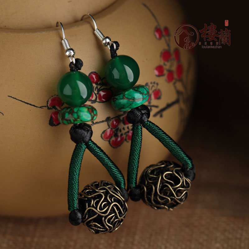 Chinese green agate silver earrings traditional design handmade earrings women jewelry rings