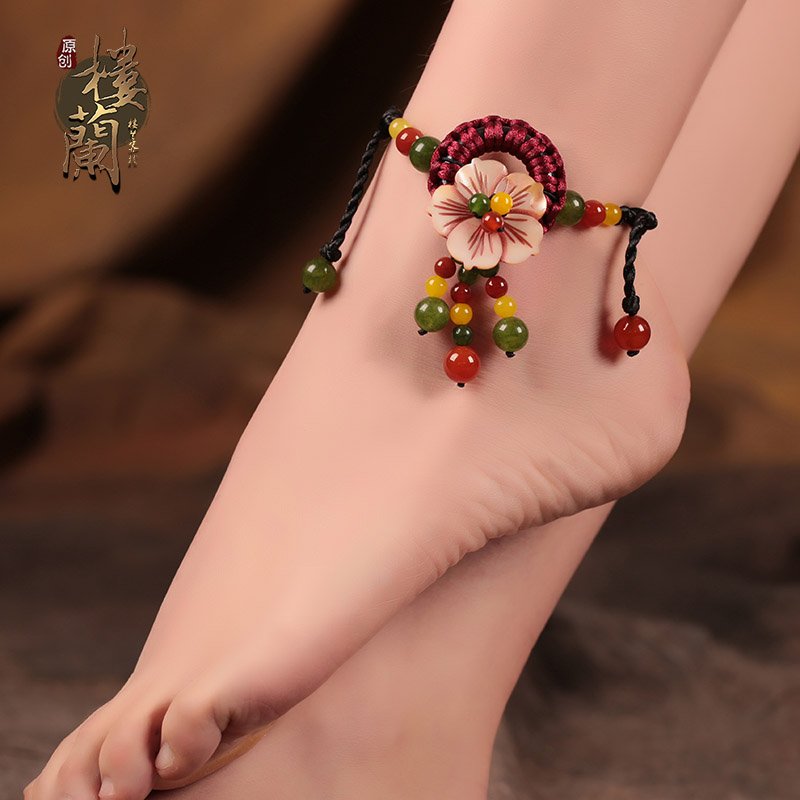 Chinese style hand weaved foot bracelet traditional design colorful agata floral ankle bracelet