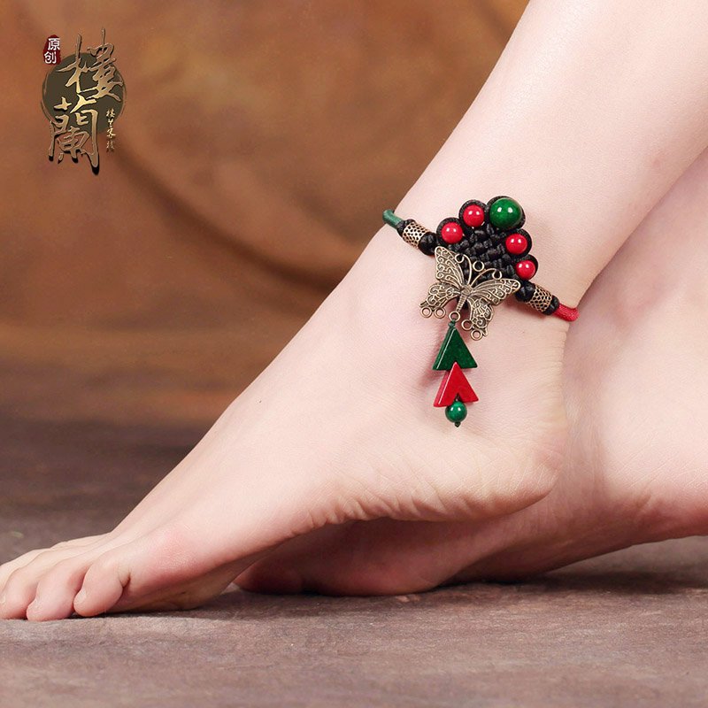 Chinese style color stone barefoot bracelet traditional cooper alloy butterfly design ankle bracelet