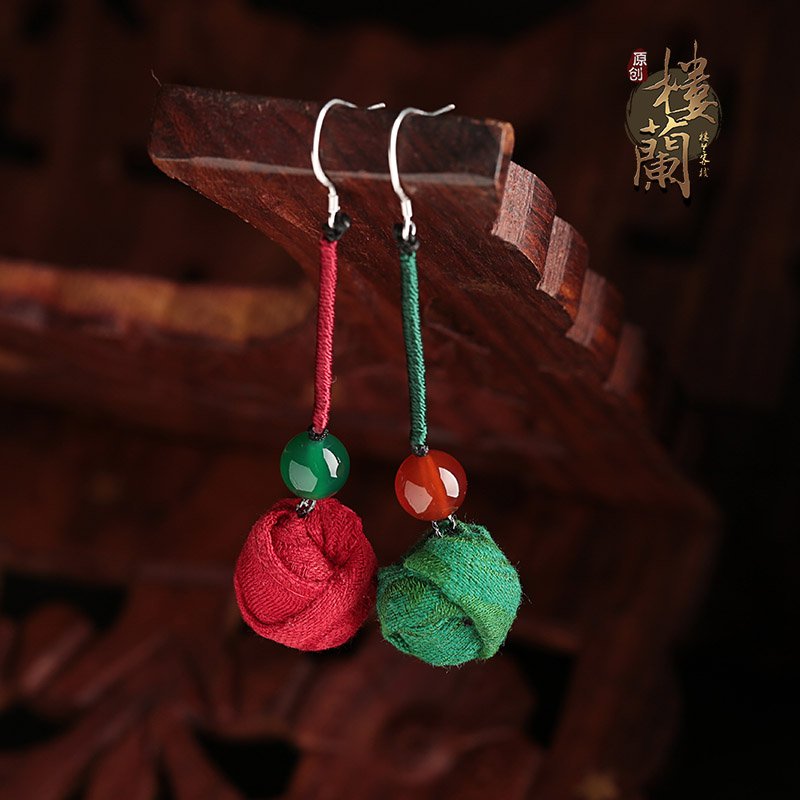 Chinese style green red agate earrings traditional design ear drop silver ear hook