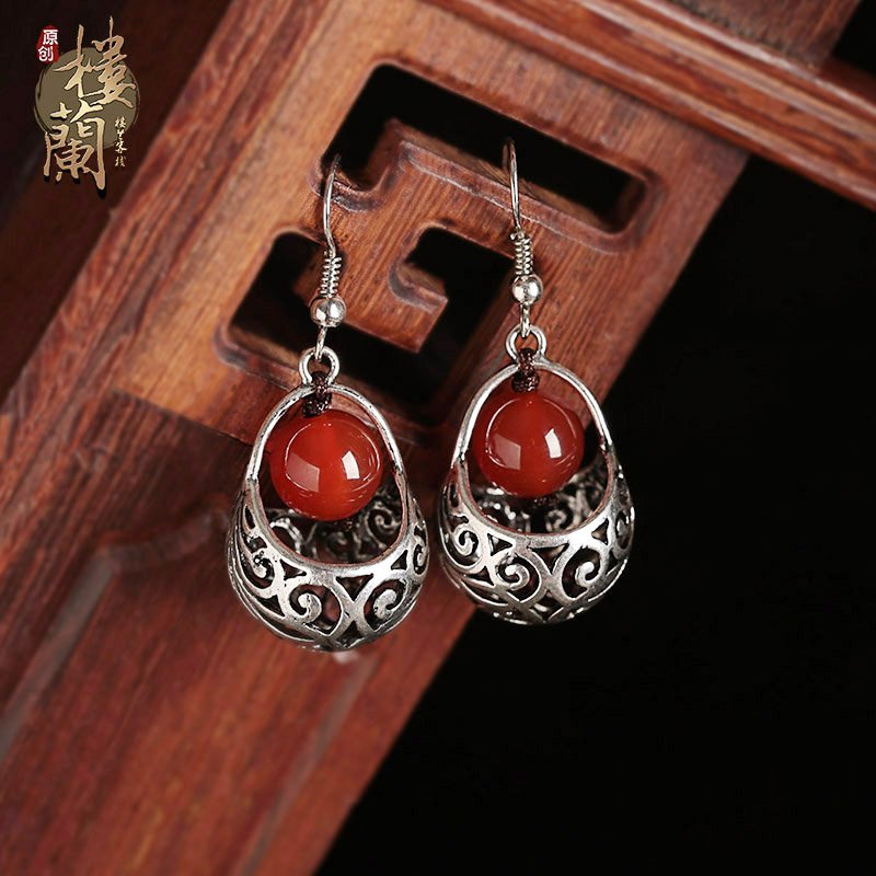 Chinese style red agate earrings traditional design ear drop silver hook