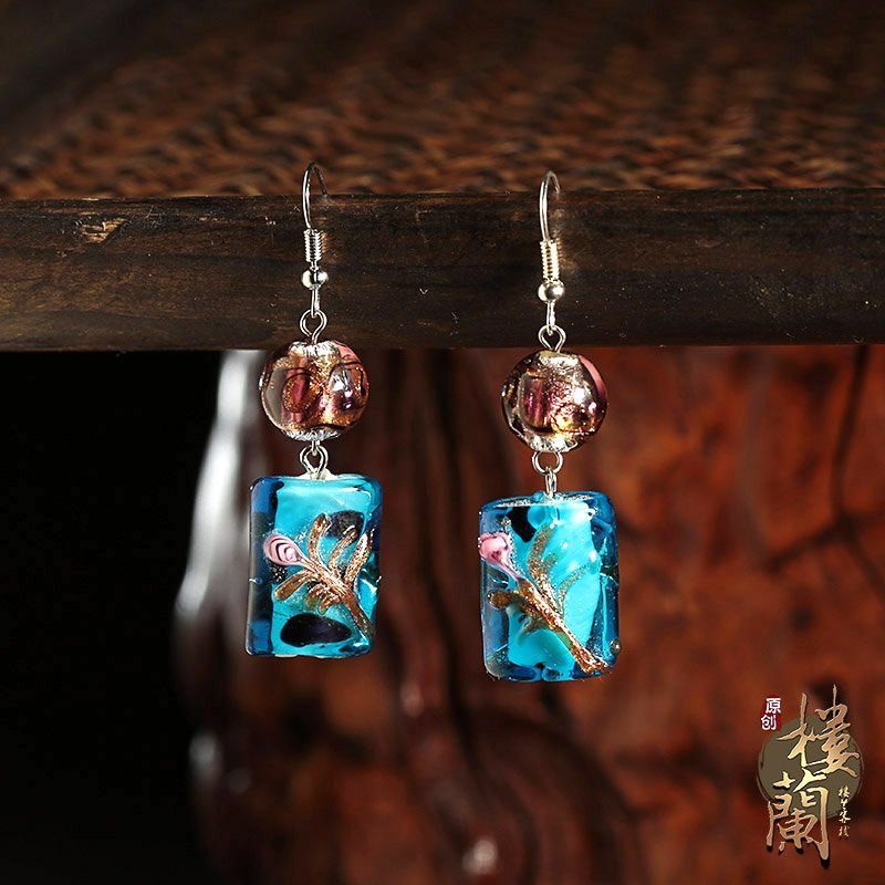 Blue colored glaze earrings,Chinese traditional design ear drop silver hook