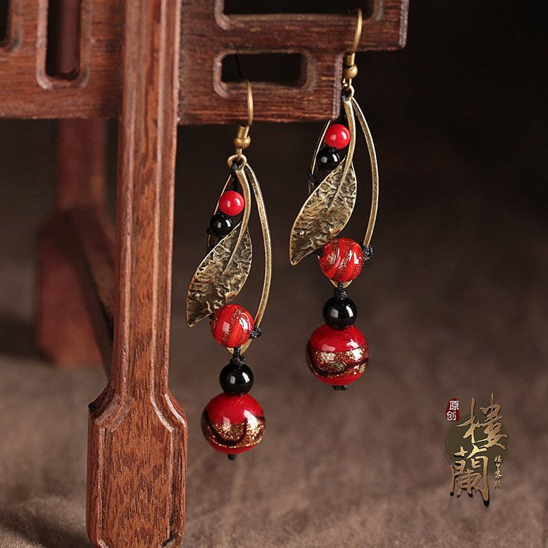 Chinese red stone black agate earrings traditional design ear drop jewelry earrings