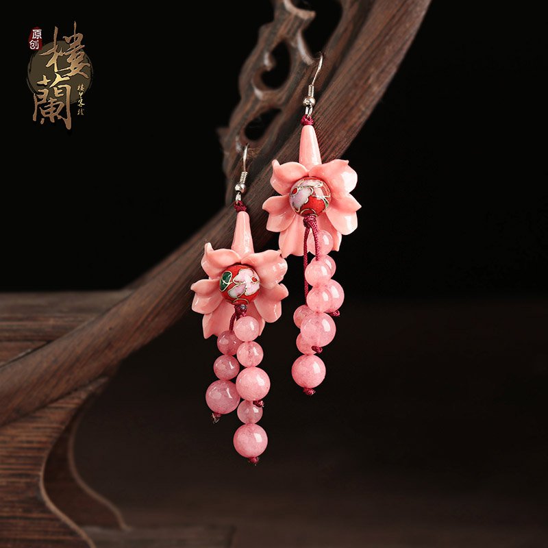 Chinese style craved floral earrings cloisonne ear drop women jewelry earrings