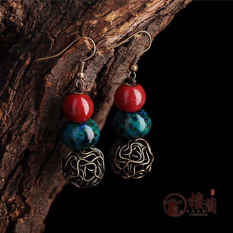 Chinese red blue phoenix stone earrings Ceramics ear drop women jewelry earrings