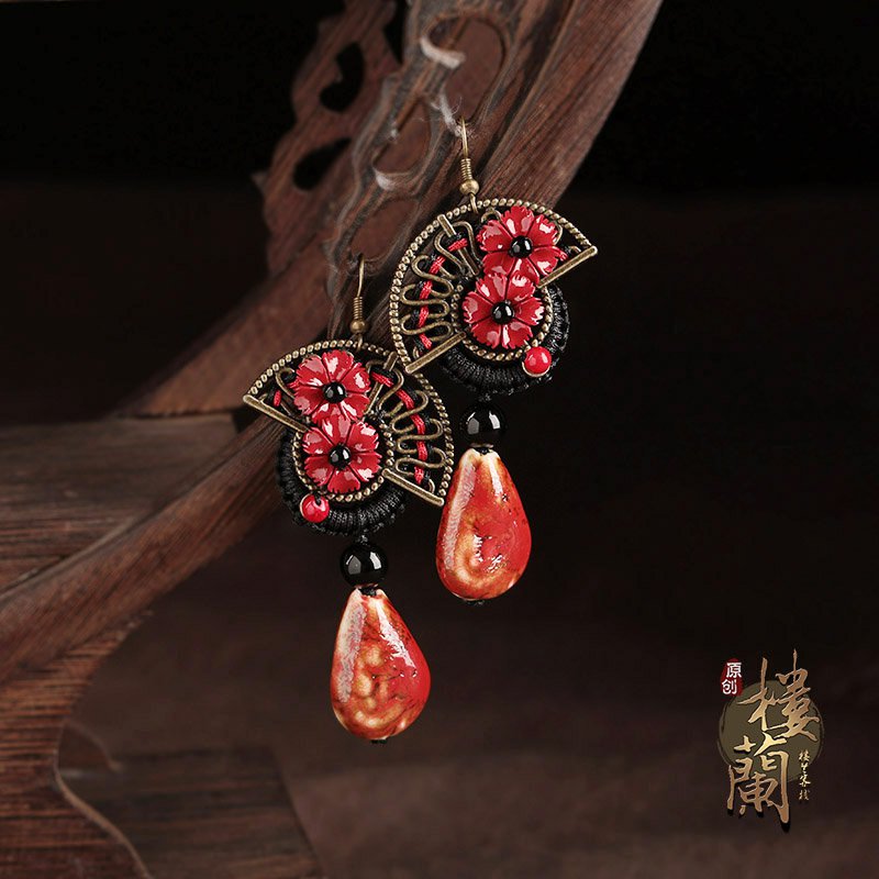 Chinese style red ceramics floral earrings women jewelry ear drop