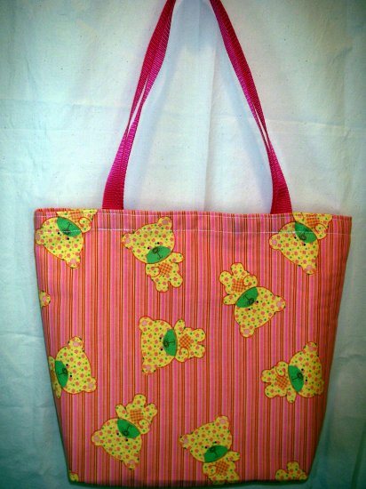 Large Tote - Webbing Handles - Pink Striped with Yellow Bears